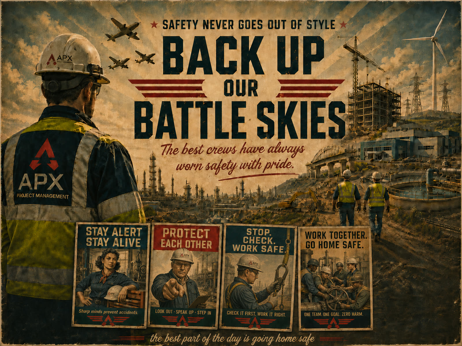 APX safety campaign banner: Back Up Our Battle Skies — Safety Never Goes Out of Style. The best crews have always worn safety with pride.