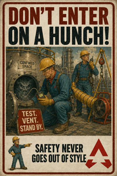 Confined Spaces poster: Don't Enter on a Hunch! Test. Vent. Stand by.