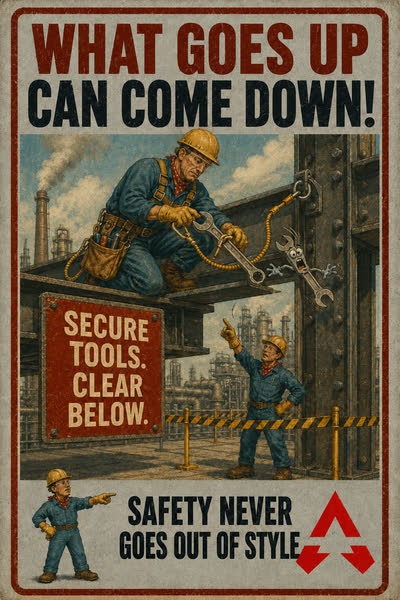 Dropped Objects poster: What Goes Up Can Come Down! Secure tools. Clear below.