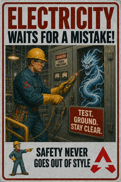 Electrical Safety poster: Electricity Waits for a Mistake! Test. Ground. Stay clear.