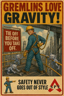 Fall Protection poster: Gremlins Love Gravity! Tie off before you take off.