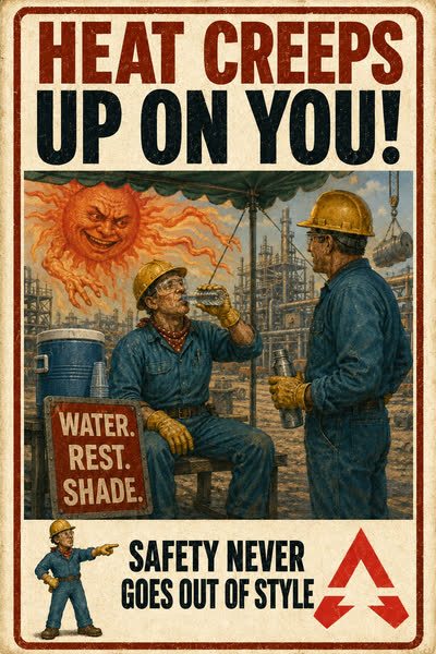 Heat Stress poster: Heat Creeps Up on You! Water. Rest. Shade.