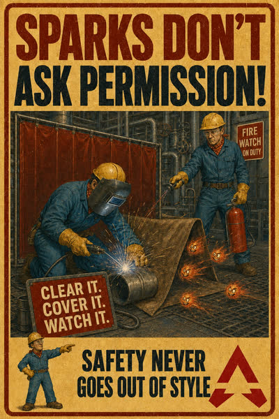 Hot Work poster: Sparks Don't Ask Permission! Clear it. Cover it. Watch it.