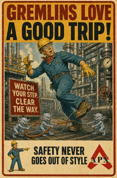 Slips & Trips poster: Gremlins Love a Good Trip! Watch your step, clear the way.